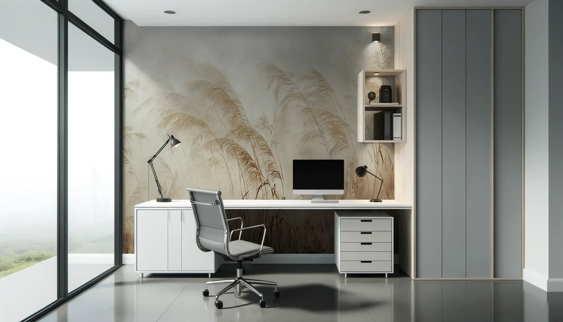 Fototapeta SERENITY FIELDS - tapeta z mglistymi trawami o świcie pokazana w aranżacji biura.