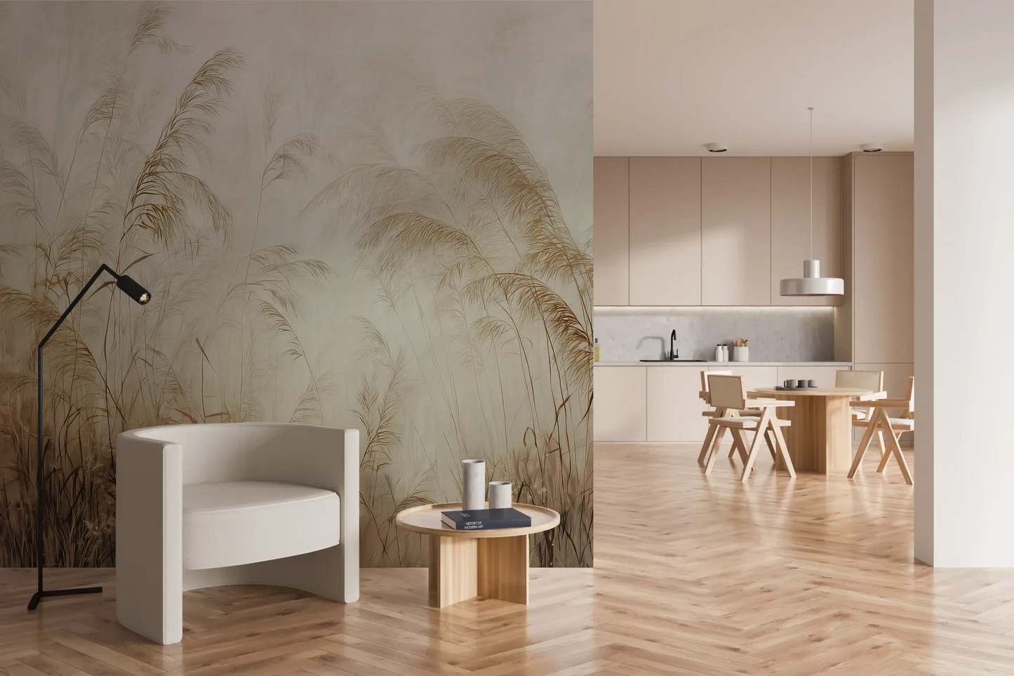 Wzór fototapety SERENITY FIELDS - tapeta z mglistymi trawami o świcie pokazanej w aranżacji kuchni.