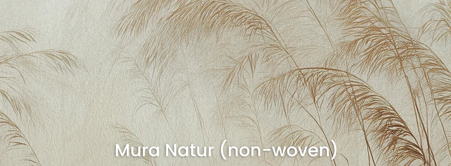 Zbliżenie na fototapetę SERENITY FIELDS - tapeta z mglistymi trawami o świcie na naturalnym podłożu ekologicznym.