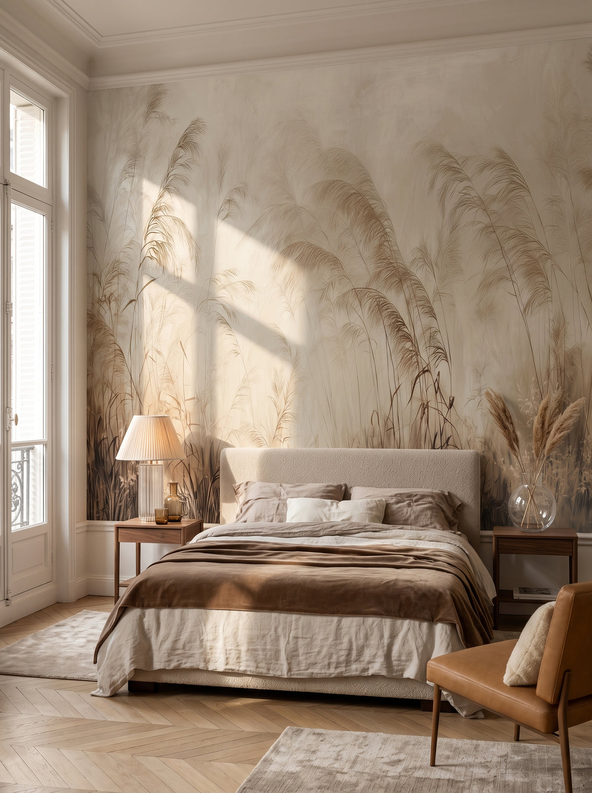 Carta da parati artistica «SERENITY FIELDS» in un interno: camera da letto in un appartamento parigino.