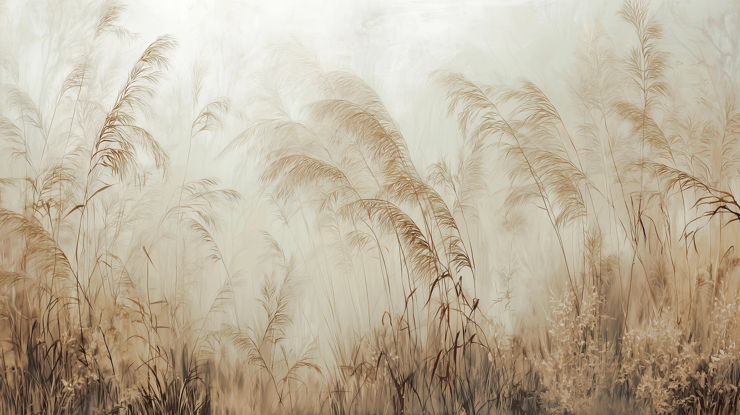 Mustervorschau: Prezentacja całego wzoru fototapety o nazwie SERENITY FIELDS - tapeta z mglistymi trawami o świcie