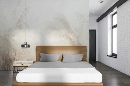 Wzór fototapety GOSSAMER FIELDS - tapeta z mglistą trawą o świcie pokazanej w aranżacji sypialni.