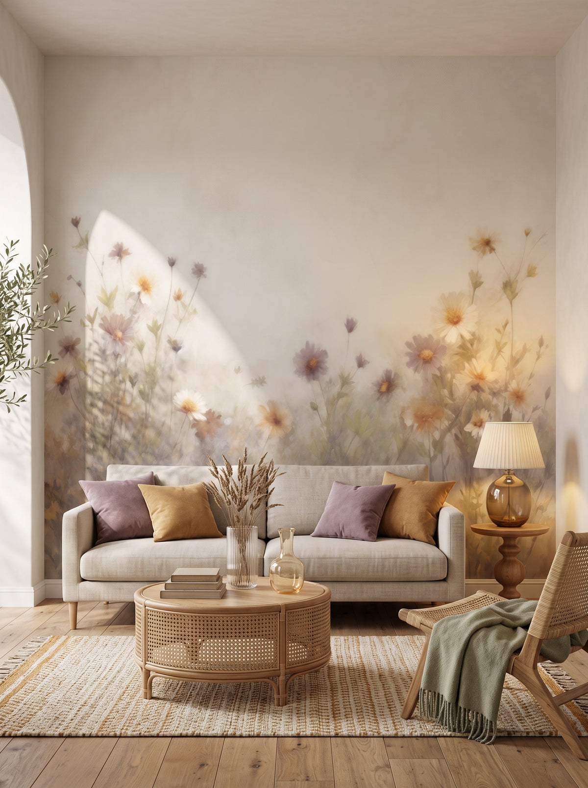 Fototapeta artystyczna o nazwie Serene Blossoms w aranżacji wnętrza: salon w wyrafinowanym stylu boho.