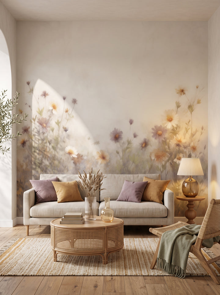 Fototapeta artystyczna o nazwie Serene Blossoms w aranżacji wnętrza: salon w wyrafinowanym stylu boho.