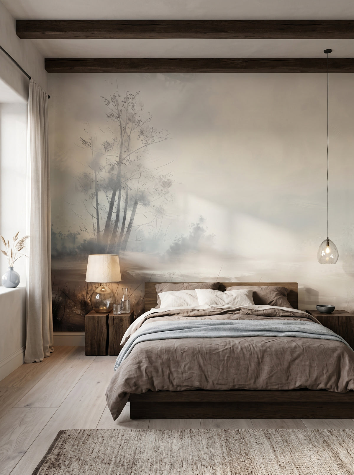 Carta da parati artistica «Poranna Delikatność #2» in un interno: camera da letto wabi-sabi con intonaco a calce.