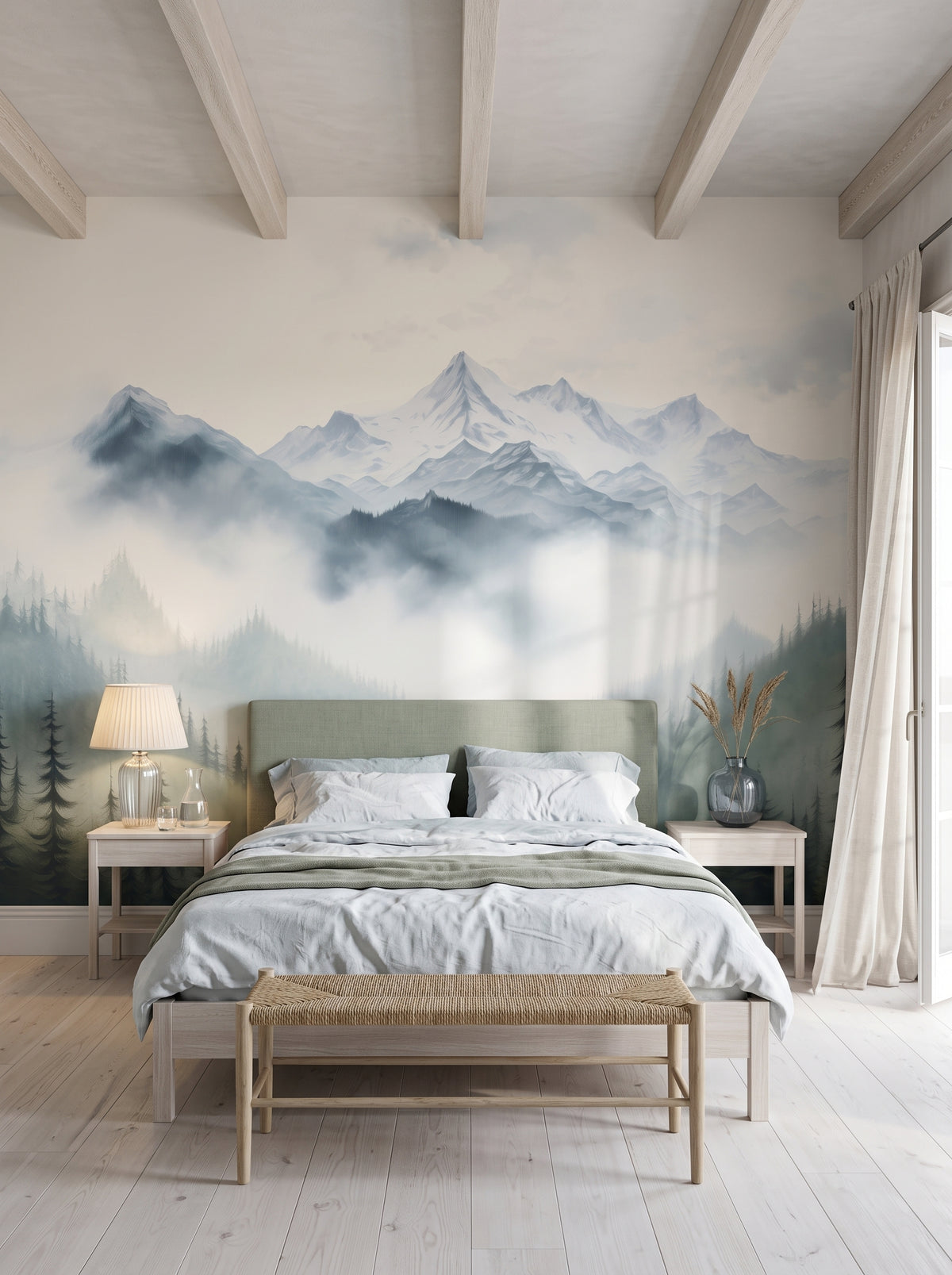 Fototapeta artystyczna o nazwie Misty Mountain w aranżacji wnętrza: sypialnia w nadmorskiej rezydencji.