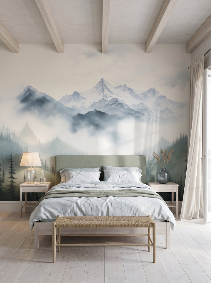Fototapeta artystyczna o nazwie Misty Mountain w aranżacji wnętrza: sypialnia w nadmorskiej rezydencji.