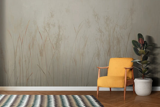 Wzór fototapety ETHEREAL FIELDS - tapeta z delikatnymi trawami w jasnej tonacji pokazanej w aranżacji salonu.