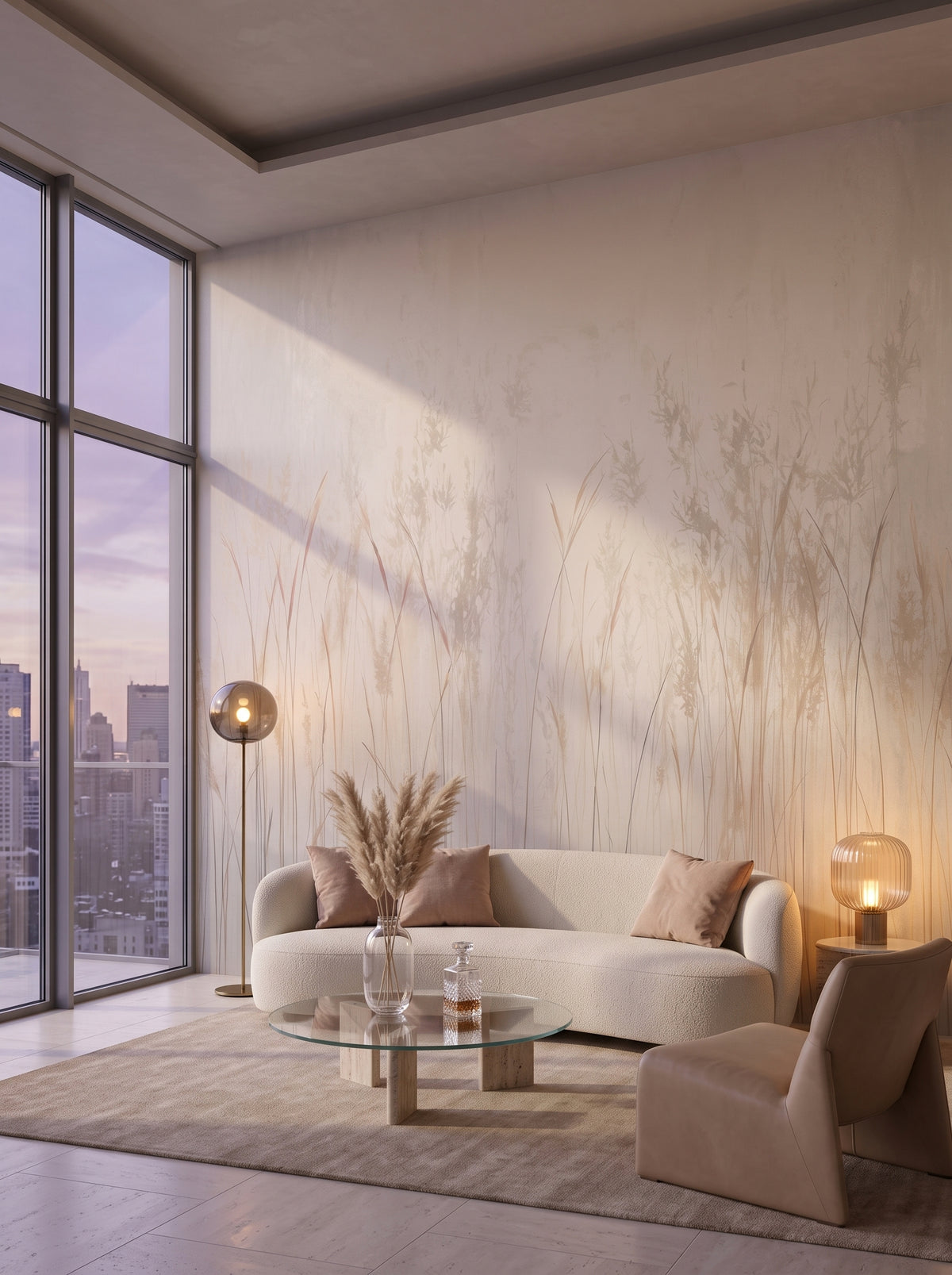 Fototapeta artystyczna o nazwie ETHEREAL FIELDS w aranżacji wnętrza: salon w penthousie na Manhattanie o zmierzchu.