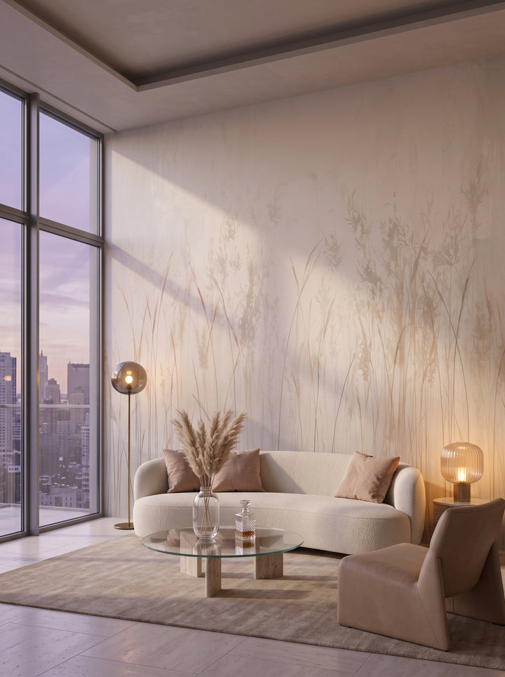 Fototapeta artystyczna o nazwie ETHEREAL FIELDS w aranżacji wnętrza: salon w penthousie na Manhattanie o zmierzchu.