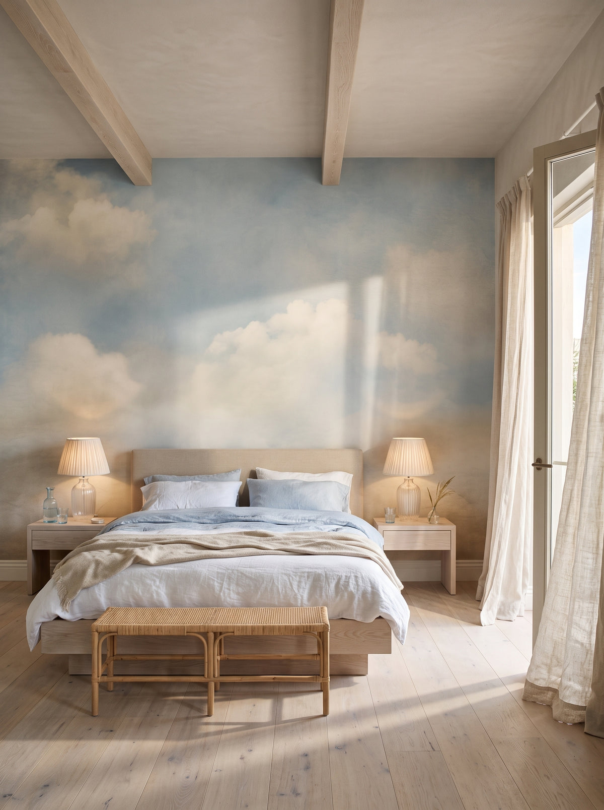Fototapeta artystyczna o nazwie HEAVENLY BLUE SERENITY CANVAS w aranżacji wnętrza: sypialnia w nadmorskiej rezydencji.