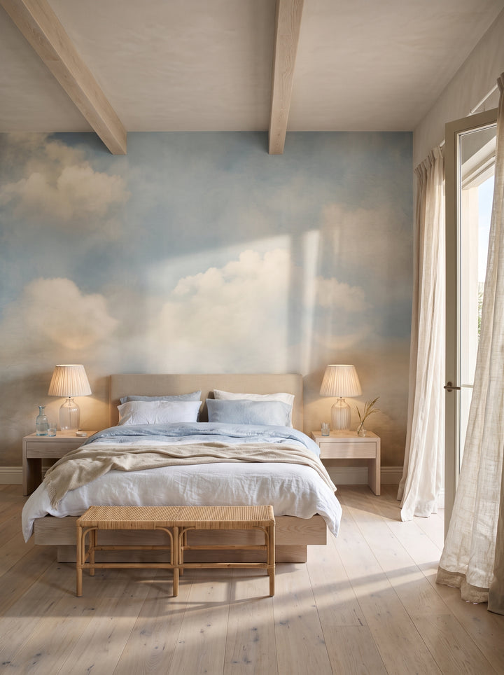 Fototapeta artystyczna o nazwie HEAVENLY BLUE SERENITY CANVAS w aranżacji wnętrza: sypialnia w nadmorskiej rezydencji.