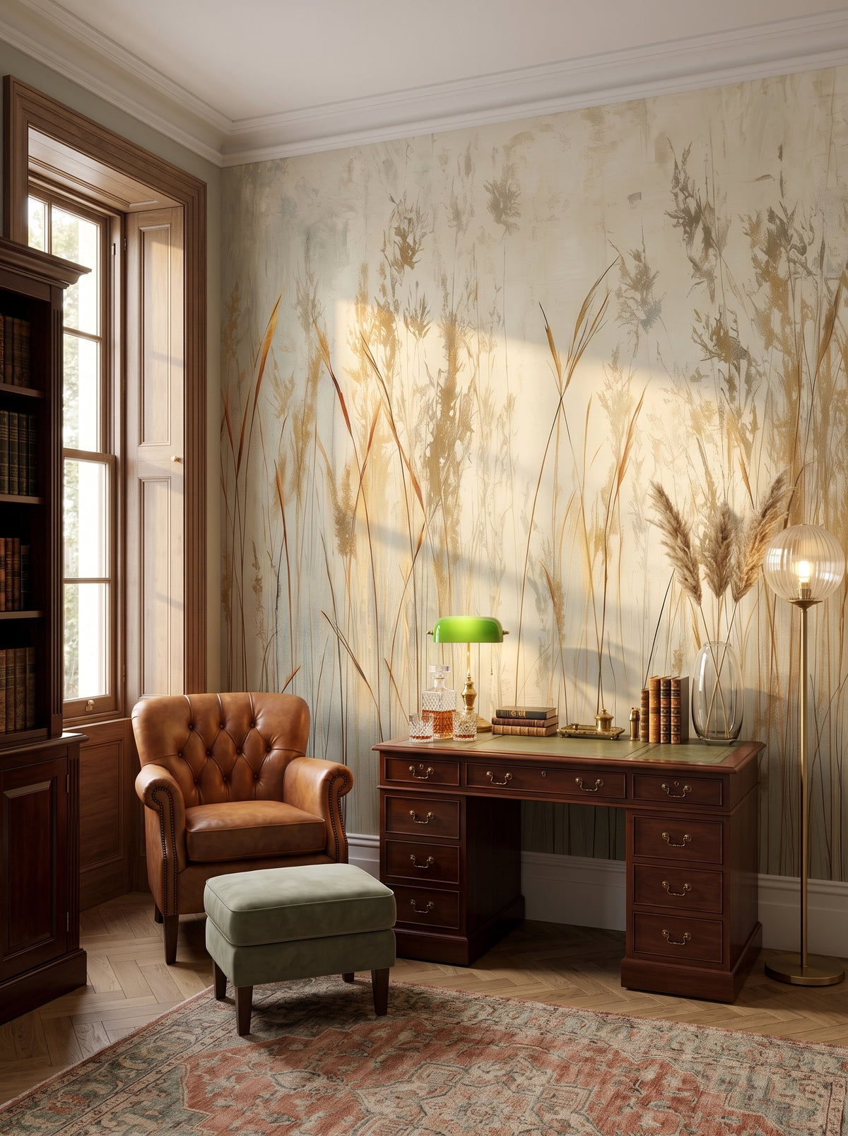 Fototapeta artystyczna o nazwie GRACEFUL REEDS w aranżacji wnętrza: prywatna biblioteka w stylu angielskiego klubu.