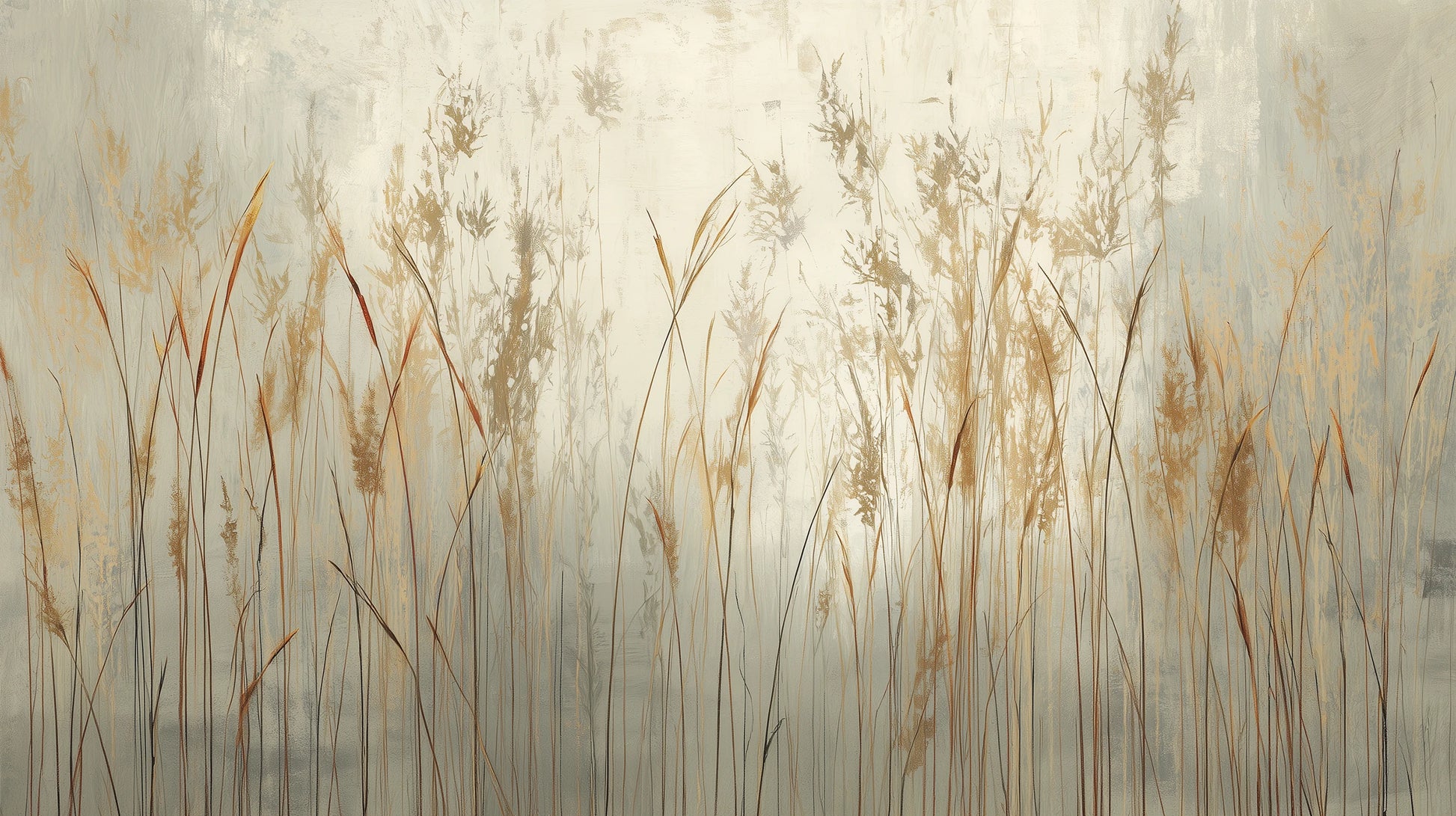 Prezentacja całego wzoru fototapety o nazwie GRACEFUL REEDS - tapeta z delikatnymi trawami na mglistym tle