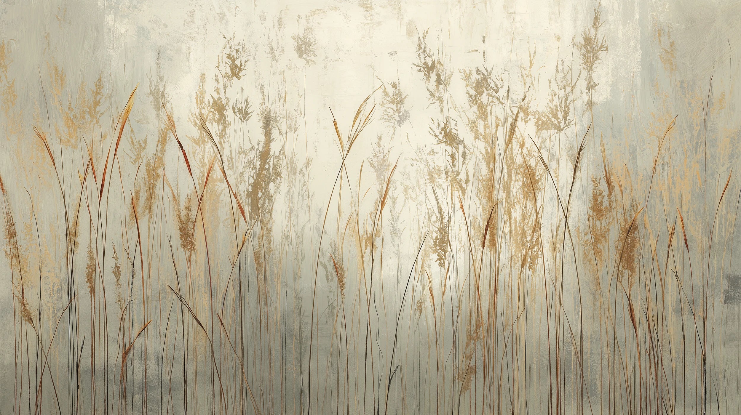 Mustervorschau: Prezentacja całego wzoru fototapety o nazwie GRACEFUL REEDS - tapeta z delikatnymi trawami na mglistym tle