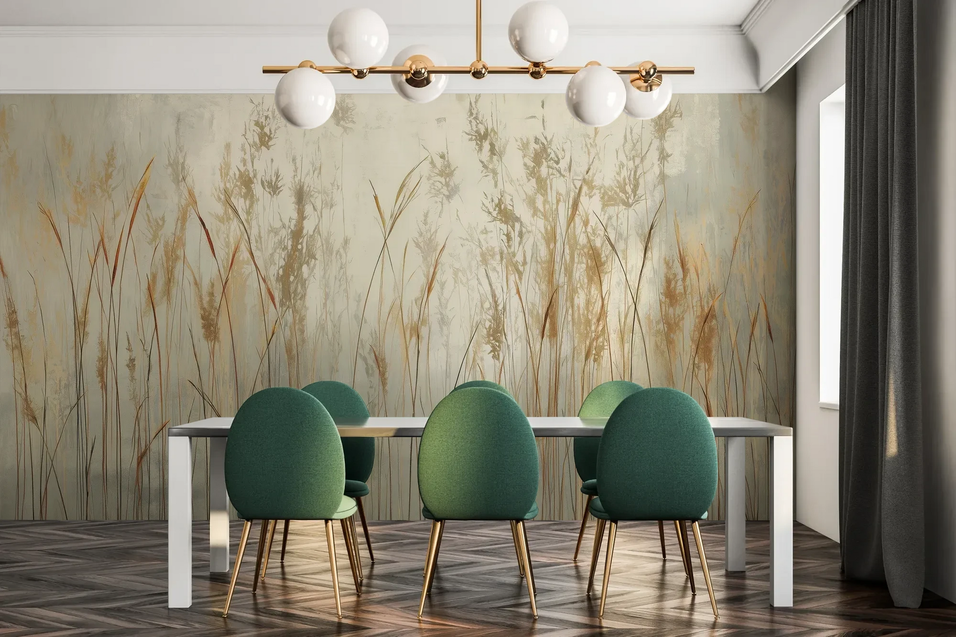 Fototapeta GRACEFUL REEDS - tapeta z delikatnymi trawami na mglistym tle pokazana w aranżacji jadalni.