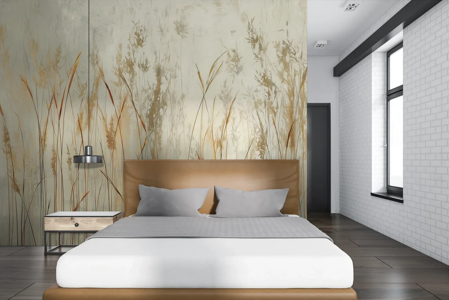 Wzór fototapety GRACEFUL REEDS - tapeta z delikatnymi trawami na mglistym tle pokazanej w aranżacji sypialni.