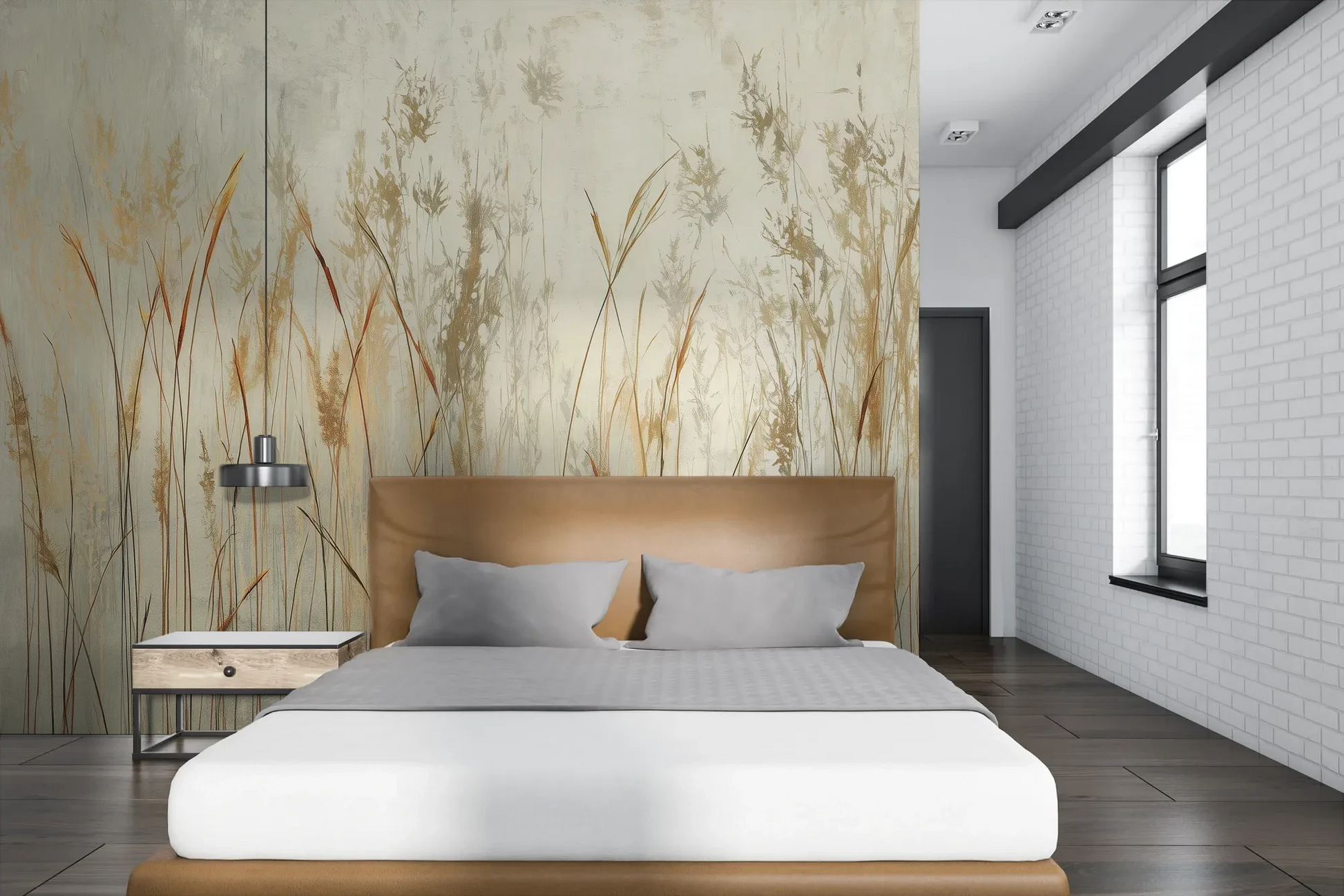 Wzór fototapety GRACEFUL REEDS - tapeta z delikatnymi trawami na mglistym tle pokazanej w aranżacji sypialni.