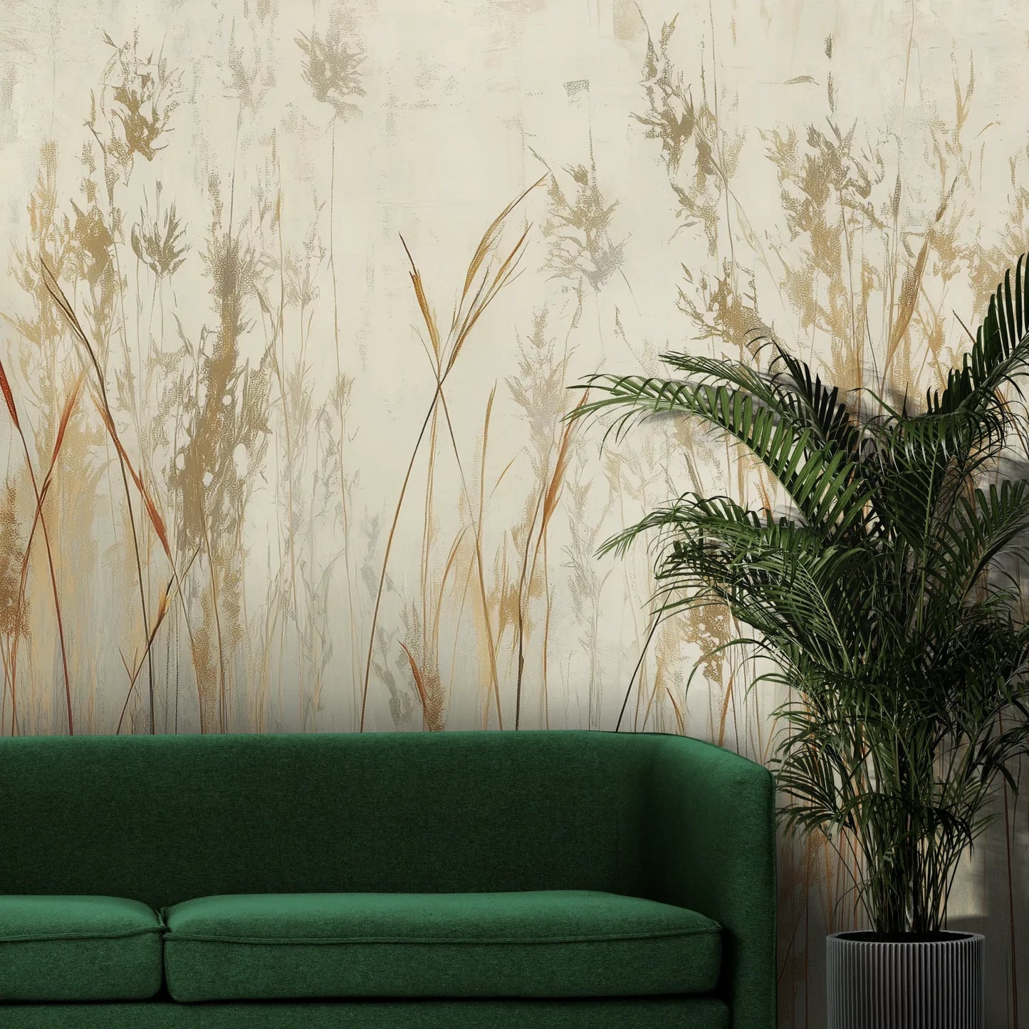 Fototapeta GRACEFUL REEDS - tapeta z delikatnymi trawami na mglistym tle pokazana w aranżacji wnętrza z akcentem na ścianie.