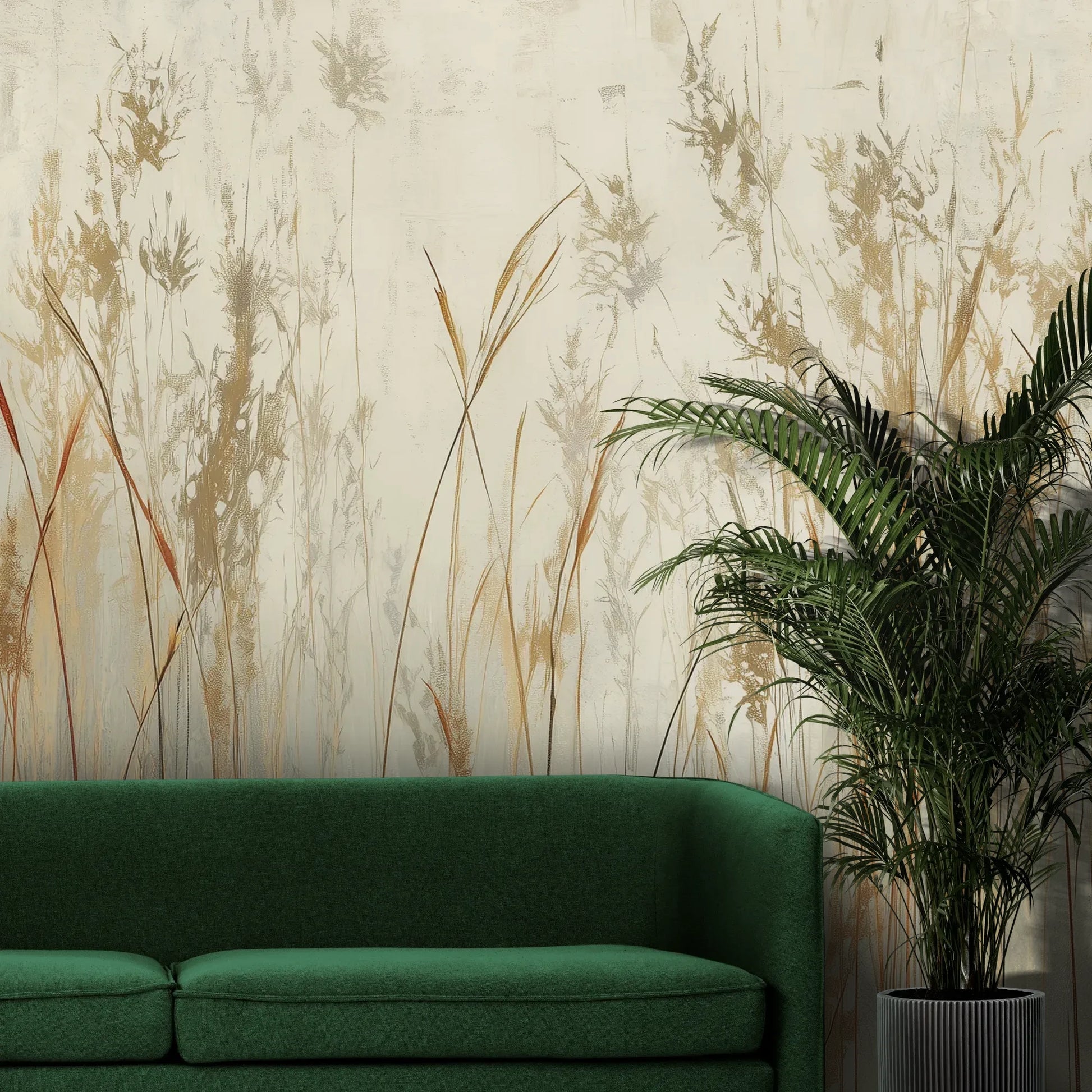 Fototapeta GRACEFUL REEDS - tapeta z delikatnymi trawami na mglistym tle pokazana w aranżacji wnętrza z akcentem na ścianie.