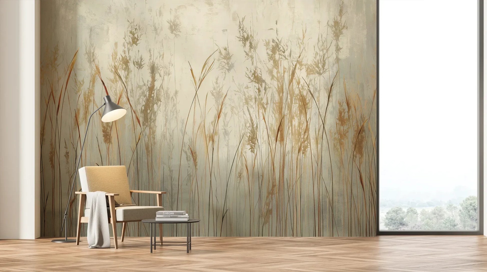 Wzór fototapety GRACEFUL REEDS - tapeta z delikatnymi trawami na mglistym tle pokazanej w aranżacji salonu.