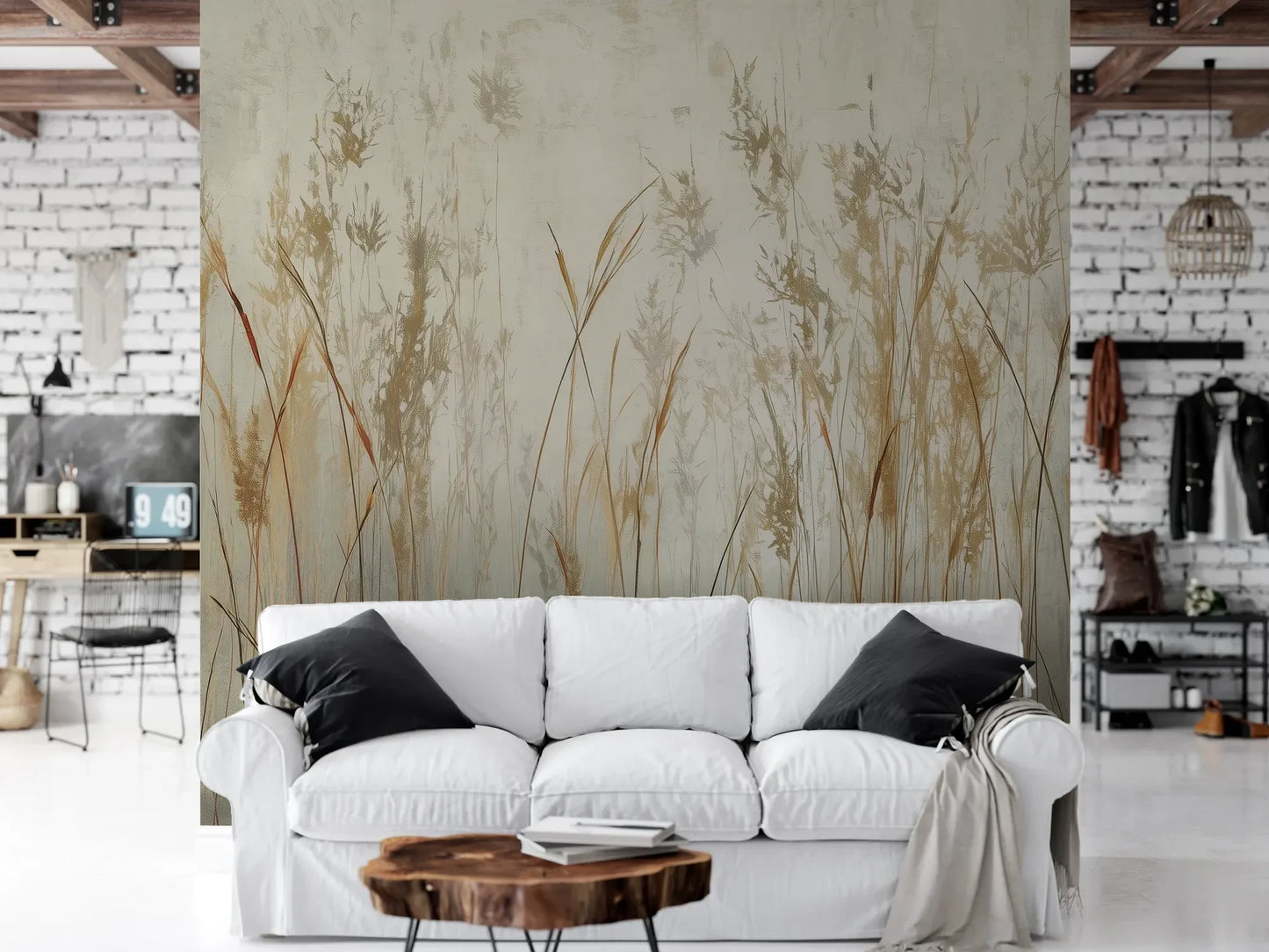 Wzór fototapety GRACEFUL REEDS - tapeta z delikatnymi trawami na mglistym tle pokazanej w aranżacji salonu.