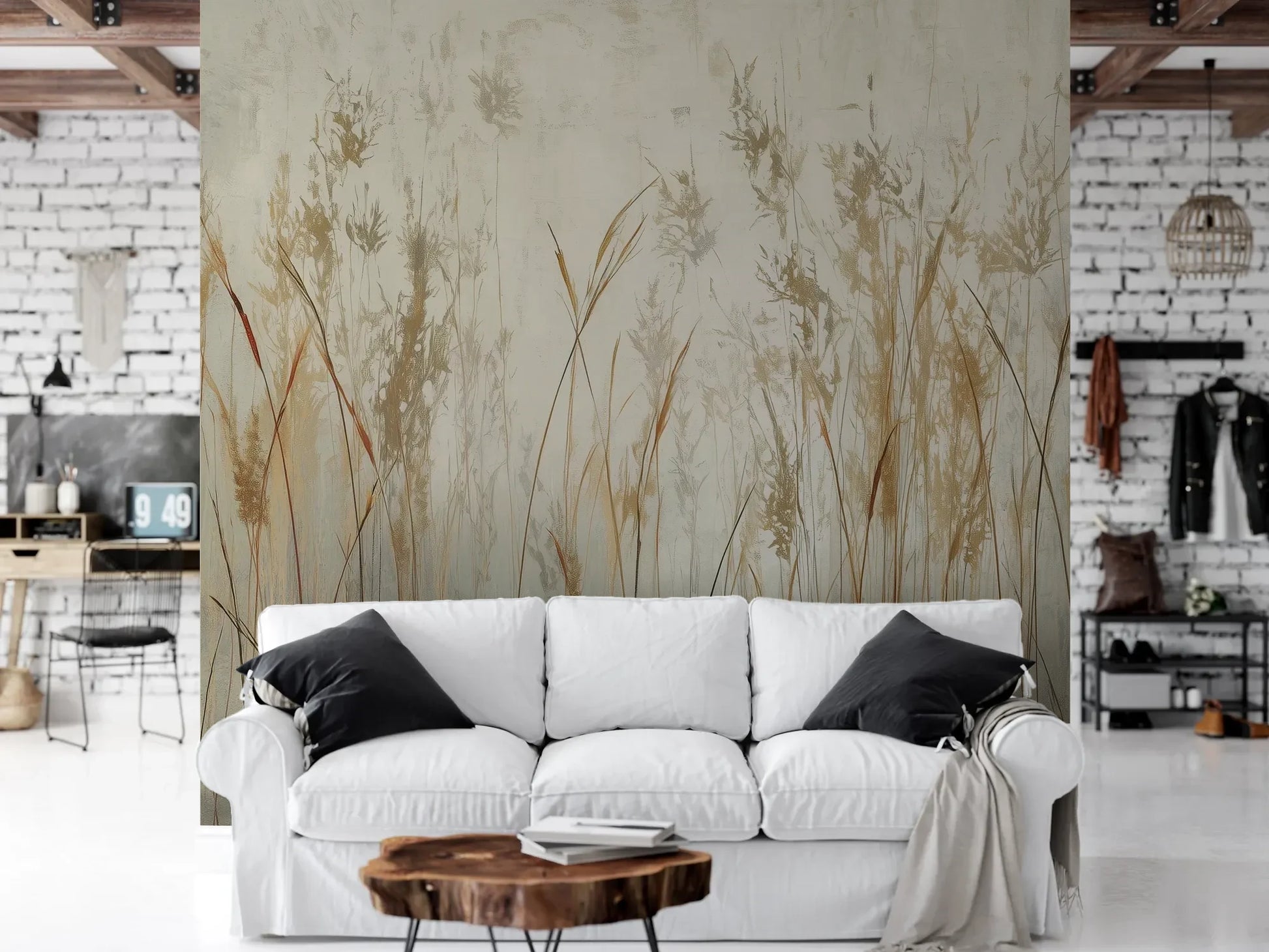 Wzór fototapety GRACEFUL REEDS - tapeta z delikatnymi trawami na mglistym tle pokazanej w aranżacji salonu.