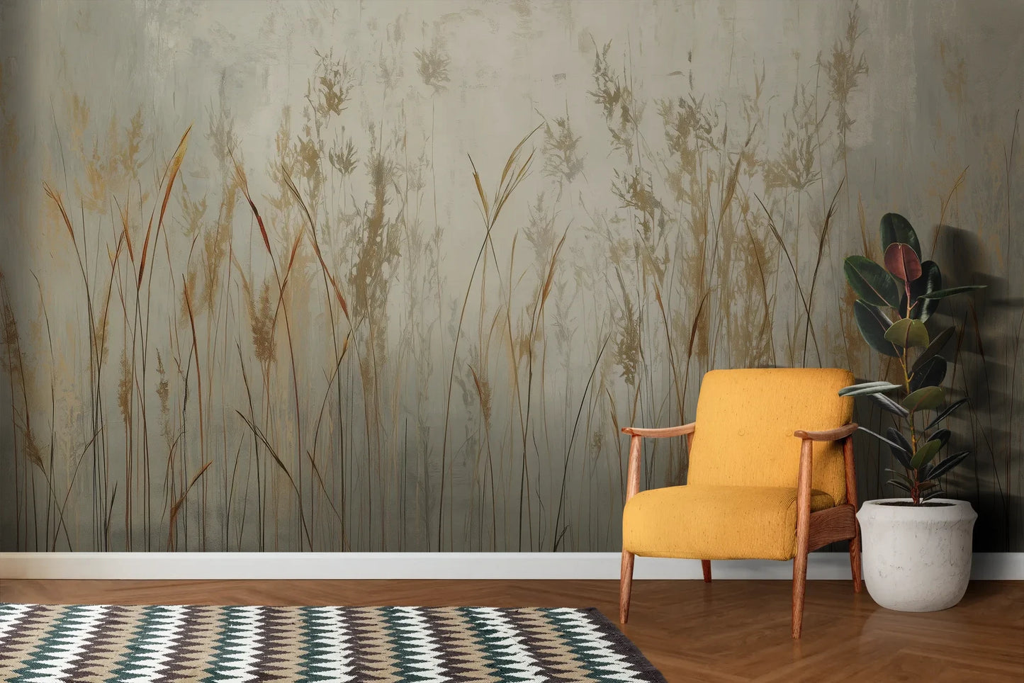 Wzór fototapety GRACEFUL REEDS - tapeta z delikatnymi trawami na mglistym tle pokazanej w aranżacji salonu.