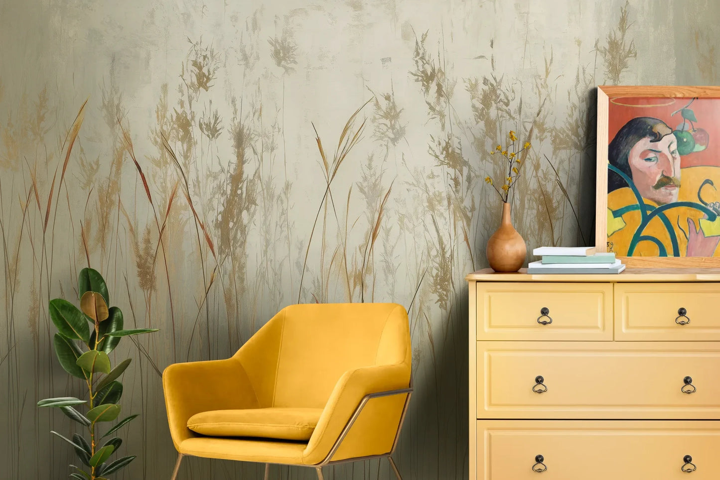 Wzór fototapety GRACEFUL REEDS - tapeta z delikatnymi trawami na mglistym tle pokazanej w aranżacji salonu.