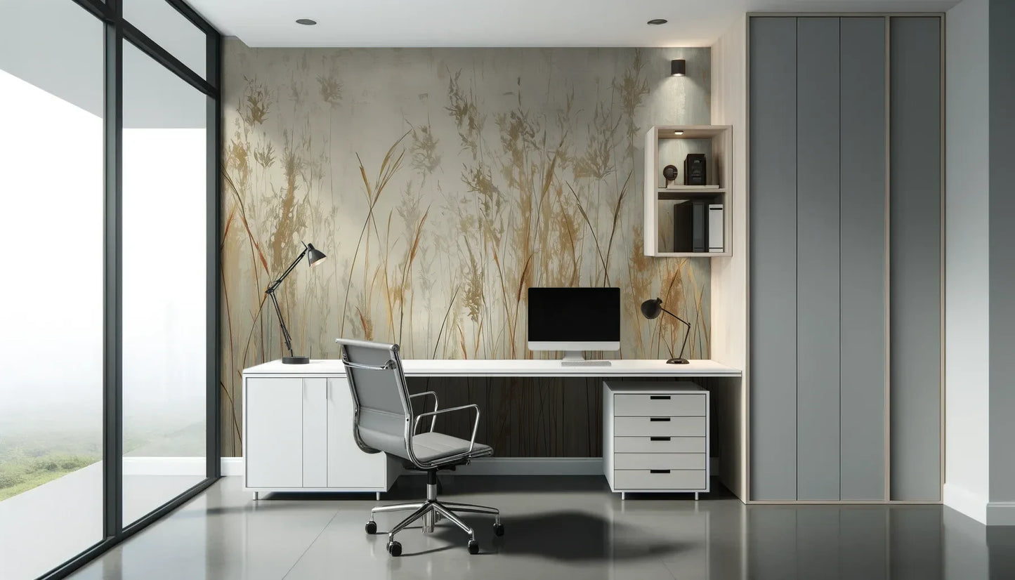 Fototapeta GRACEFUL REEDS - tapeta z delikatnymi trawami na mglistym tle pokazana w aranżacji biura.