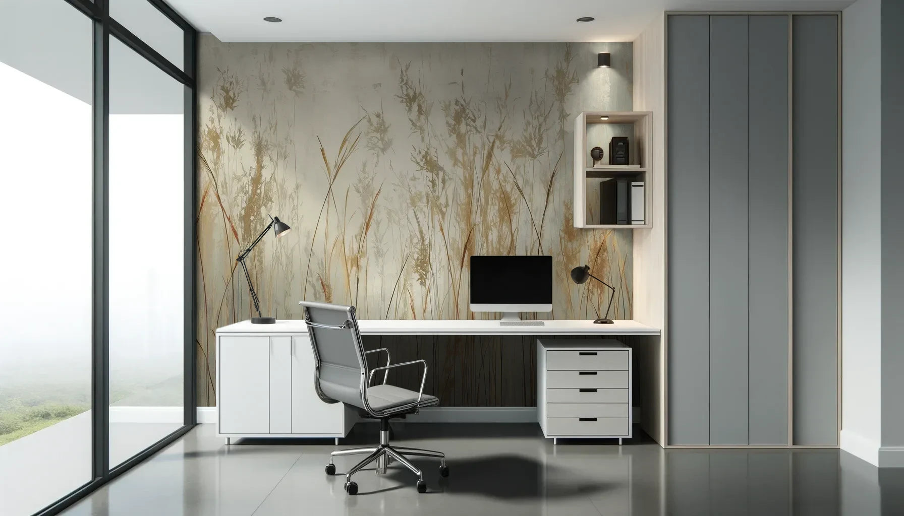 Fototapeta GRACEFUL REEDS - tapeta z delikatnymi trawami na mglistym tle pokazana w aranżacji biura.