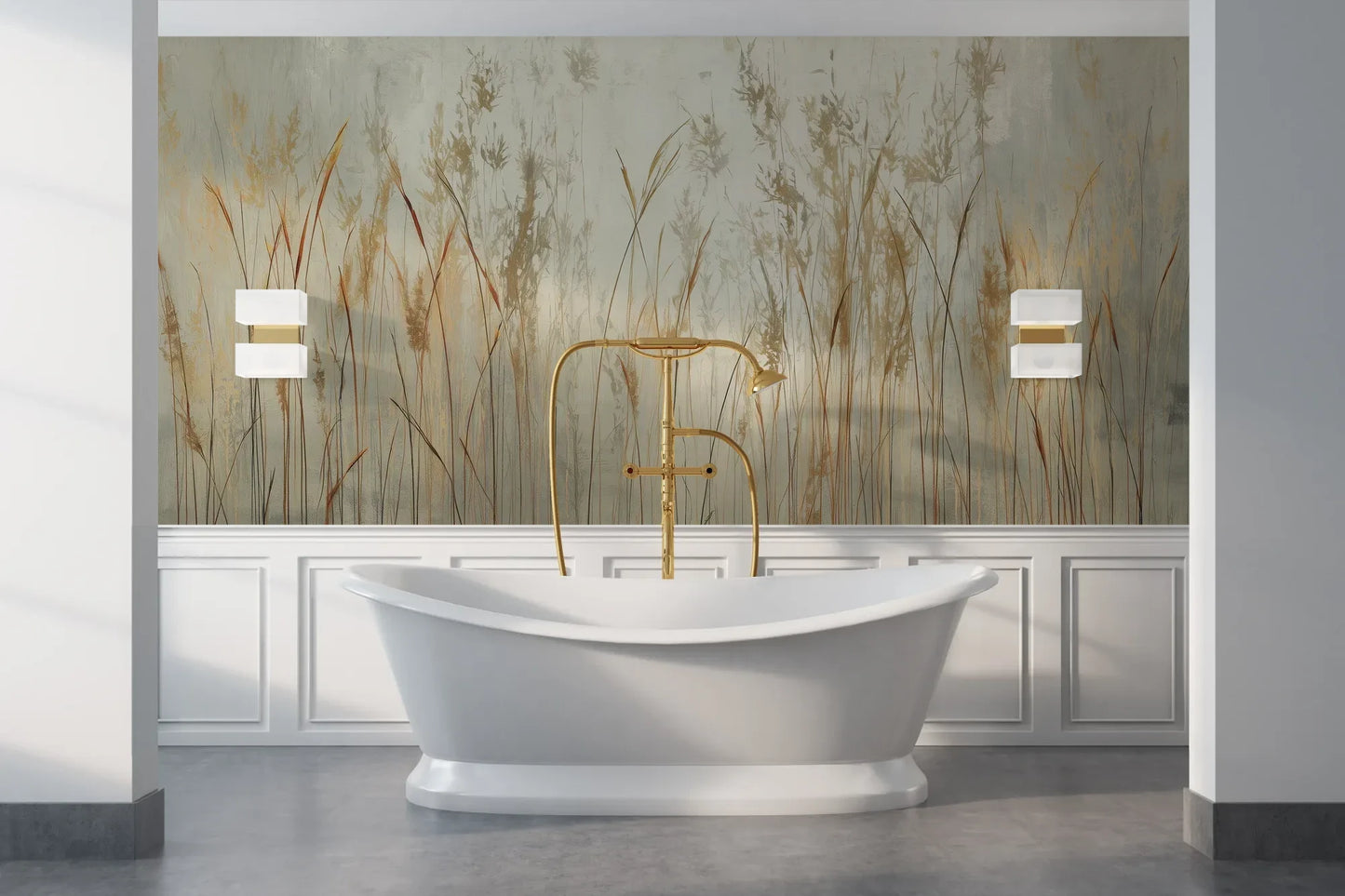 Wzór fototapety GRACEFUL REEDS - tapeta z delikatnymi trawami na mglistym tle pokazanej w aranżacji łazienki.