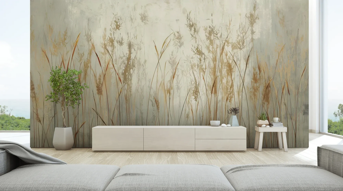 Wzór fototapety GRACEFUL REEDS - tapeta z delikatnymi trawami na mglistym tle pokazanej w aranżacji salonu.