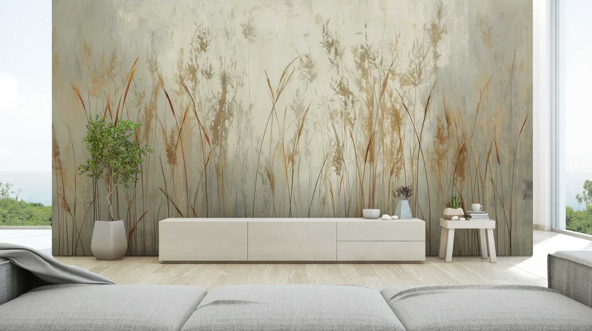 Wzór fototapety GRACEFUL REEDS - tapeta z delikatnymi trawami na mglistym tle pokazanej w aranżacji salonu.
