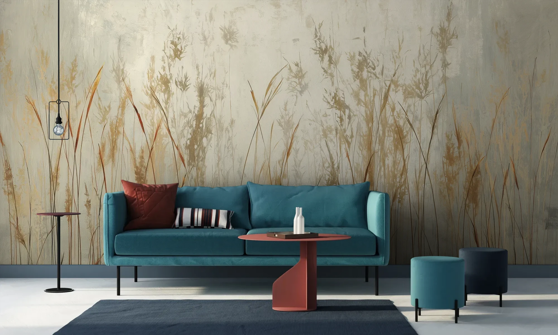 Wzór fototapety GRACEFUL REEDS - tapeta z delikatnymi trawami na mglistym tle pokazanej w aranżacji salonu.