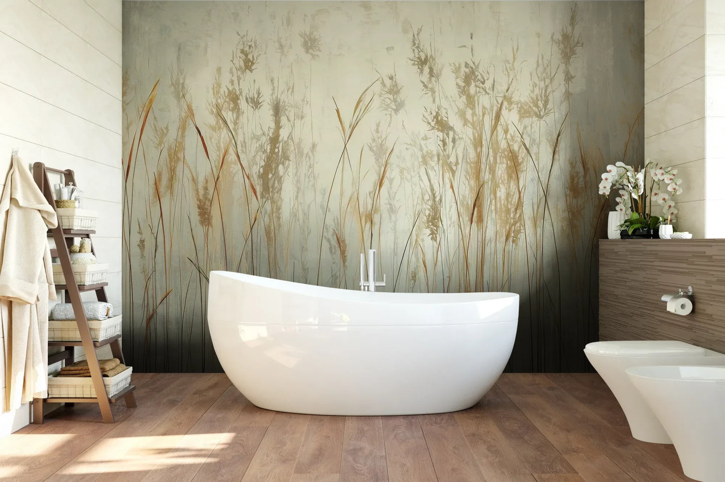 Wzór fototapety GRACEFUL REEDS - tapeta z delikatnymi trawami na mglistym tle pokazanej w aranżacji łazienki.