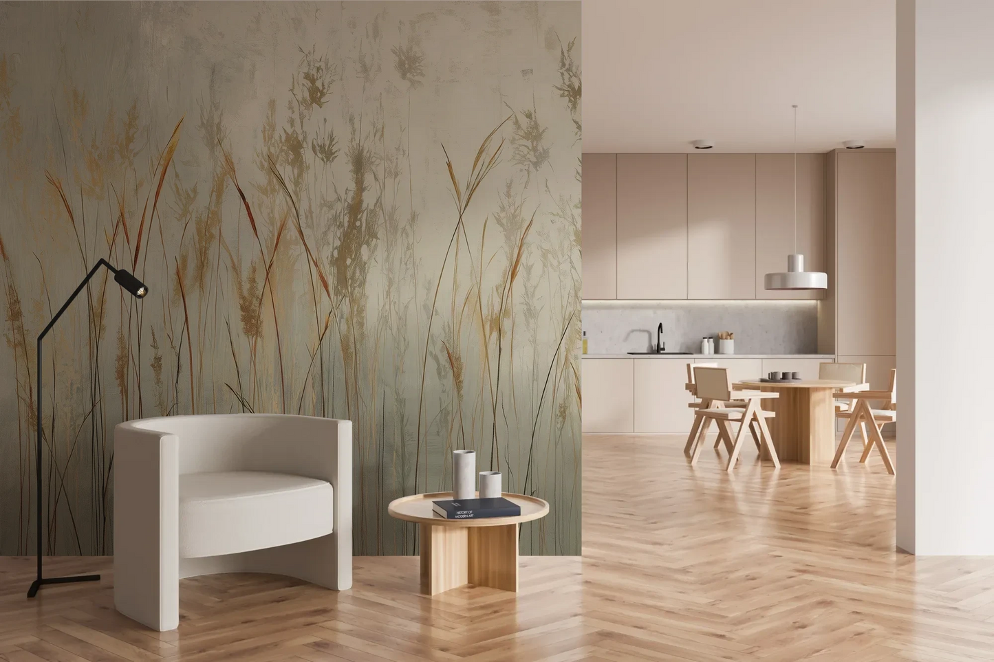 Wzór fototapety GRACEFUL REEDS - tapeta z delikatnymi trawami na mglistym tle pokazanej w aranżacji kuchni.