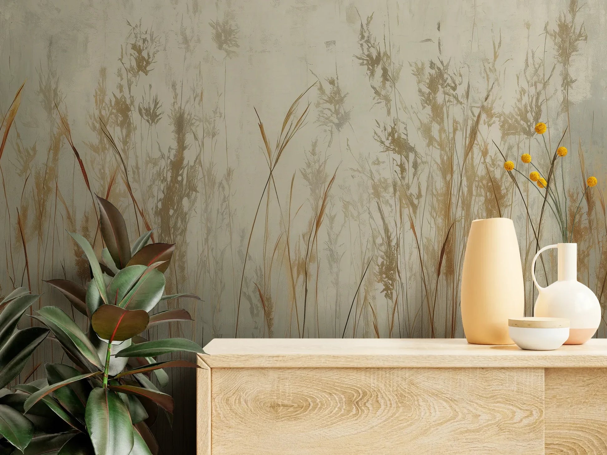 Fototapeta GRACEFUL REEDS - tapeta z delikatnymi trawami na mglistym tle pokazana w aranżacji wnętrza z akcentem na ścianie.