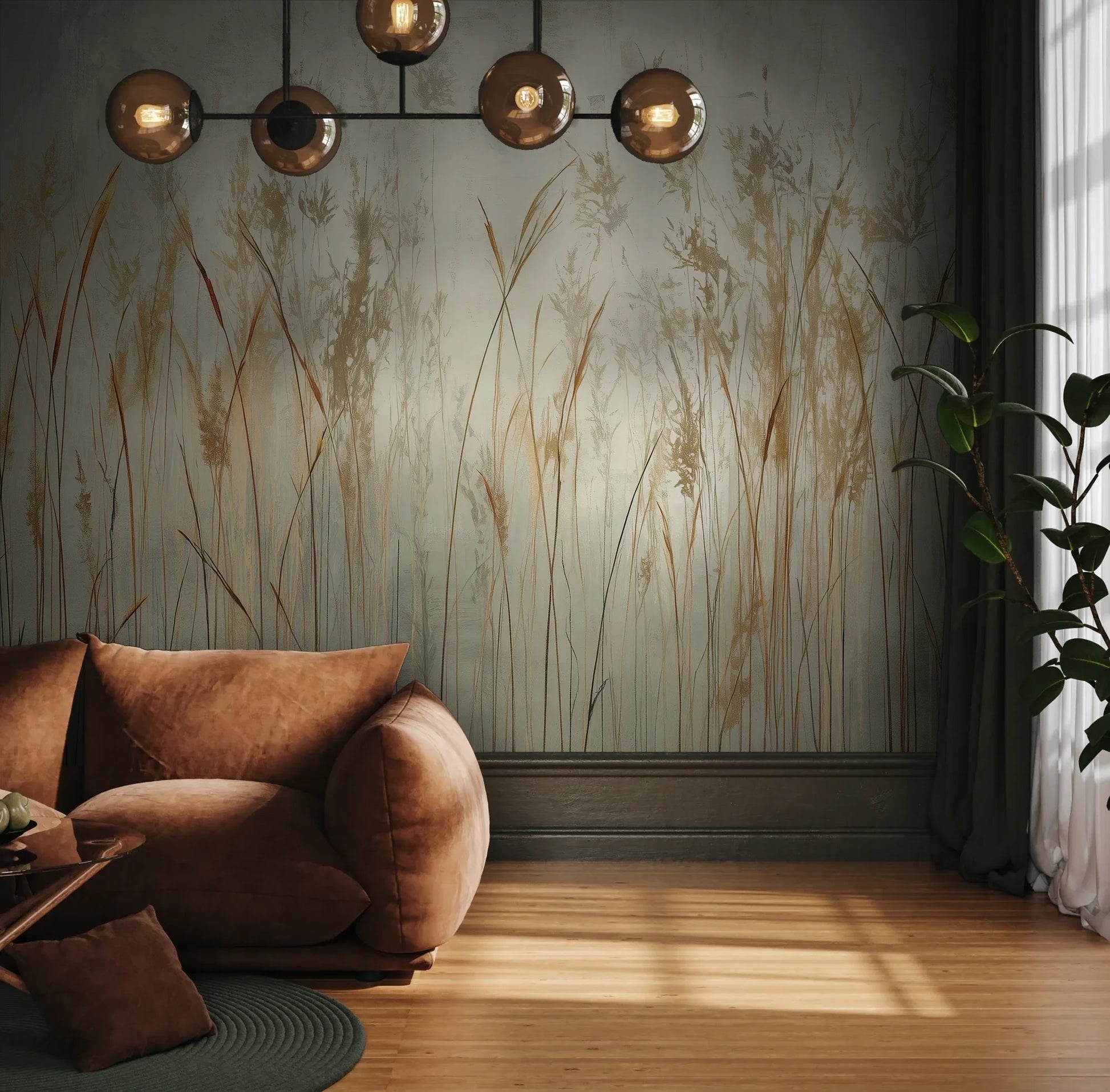 Fototapeta GRACEFUL REEDS - tapeta z delikatnymi trawami na mglistym tle pokazana w aranżacji wnętrza z akcentem na ścianie.