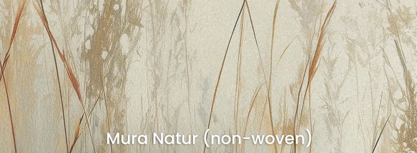 Zbliżenie na fototapetę GRACEFUL REEDS - tapeta z delikatnymi trawami na mglistym tle na naturalnym podłożu ekologicznym.