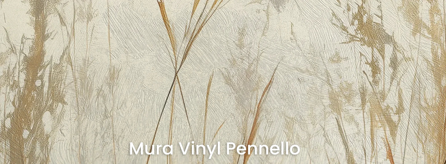 Zbliżenie na fototapetę GRACEFUL REEDS - tapeta z delikatnymi trawami na mglistym tle na podłożu o fakturze pociągnięć pędzla.