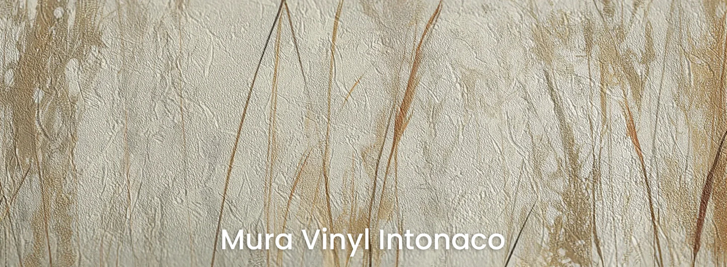 Zbliżenie na fototapetę GRACEFUL REEDS - tapeta z delikatnymi trawami na mglistym tle na podłożu o strukturze tartego tynku.