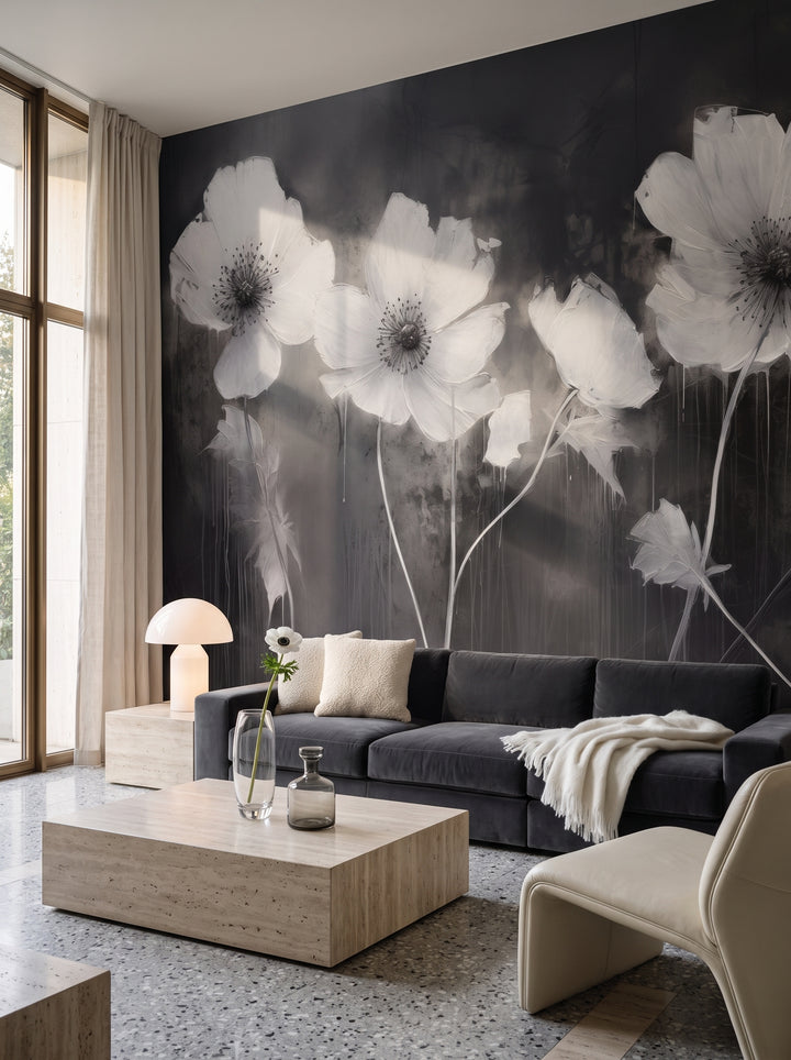 Fototapeta artystyczna o nazwie NOCTURNAL BLOOMS w aranżacji wnętrza: salon w mediolańskim apartamencie z lat 70..