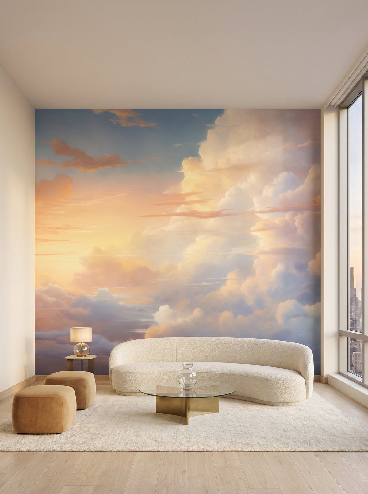 Fototapeta artystyczna o nazwie Golden Serenity w aranżacji wnętrza: salon w penthouse na Manhattanie.