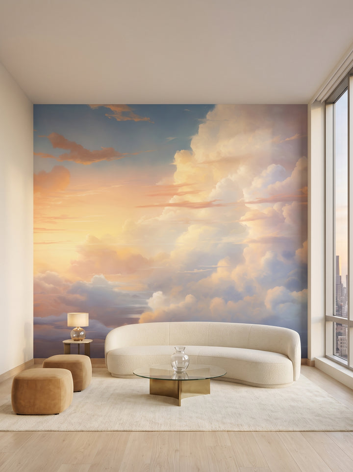 Fototapeta artystyczna o nazwie Golden Serenity w aranżacji wnętrza: salon w penthouse na Manhattanie.