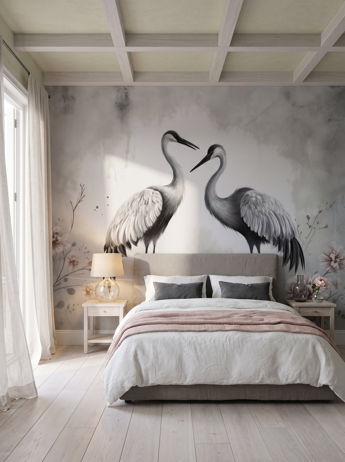 Fototapeta artystyczna o nazwie Graceful Pair w aranżacji wnętrza: sypialnia w nadmorskiej rezydencji.
