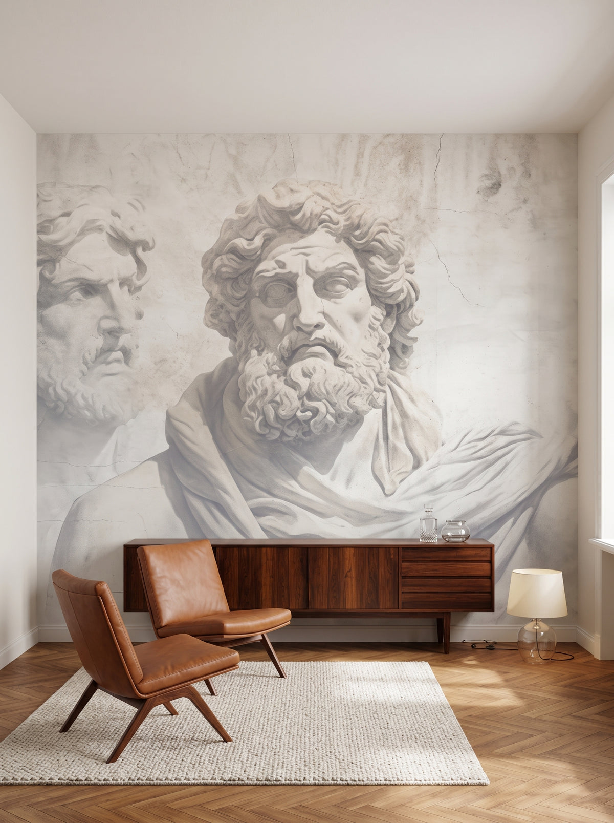Fototapeta artystyczna o nazwie Stoic Wisdom w aranżacji wnętrza: salon kolekcjonera w stylu mid-century.