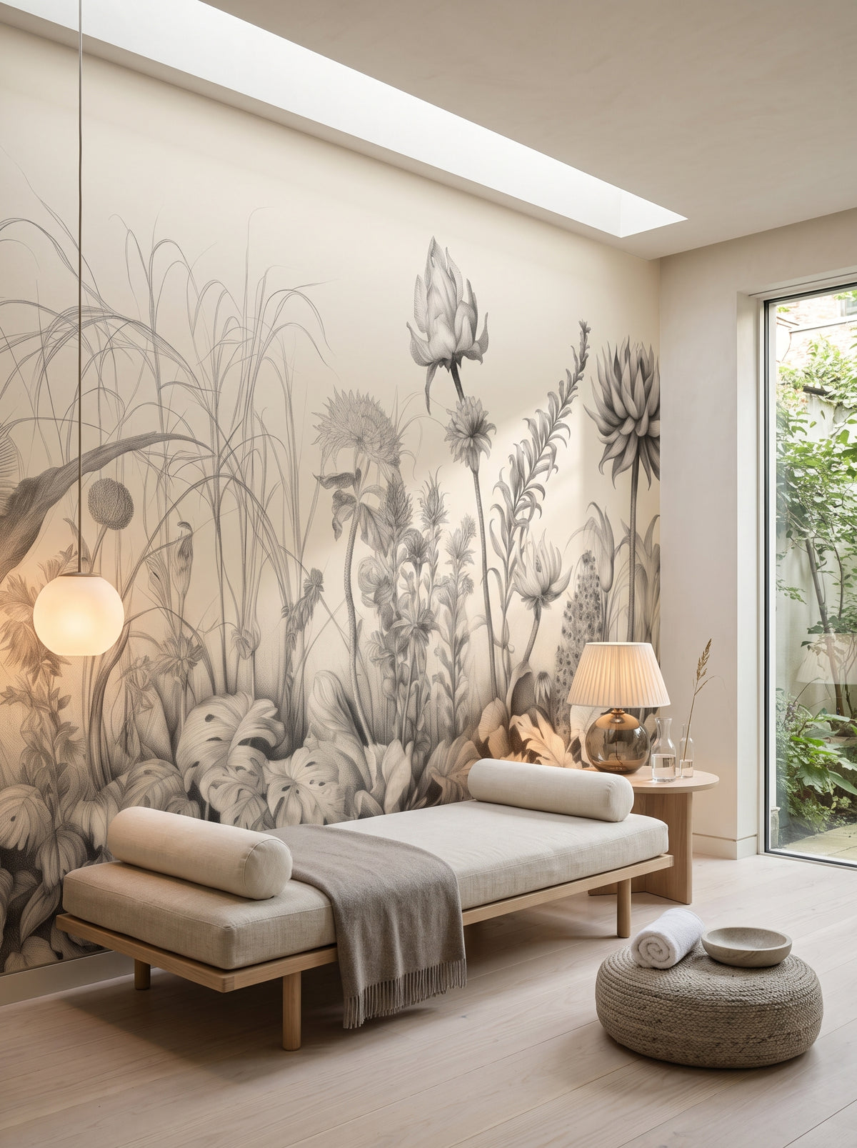 Papier peint panoramique artistique « Flora in Monochrome » dans un intérieur : salle de bien-être privée dans une résidence moderne.