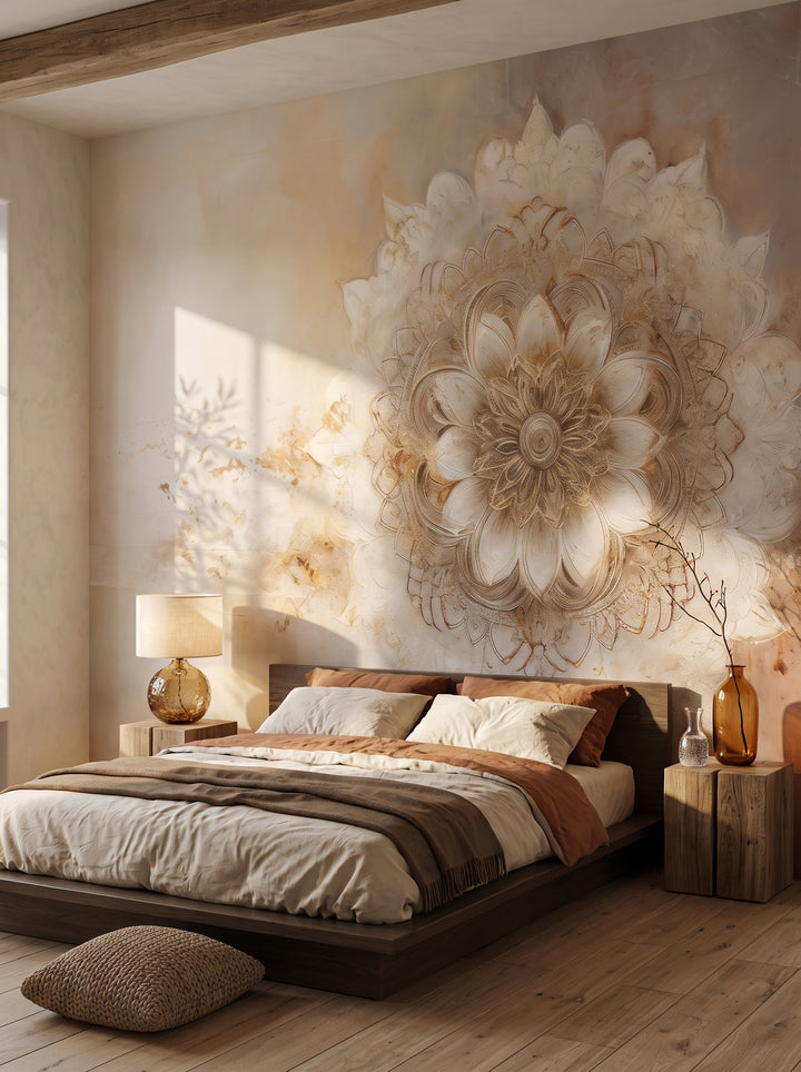 Fototapeta artystyczna o nazwie Golden Bloom w aranżacji wnętrza: sypialnia wabi-sabi z tynkiem wapiennym.