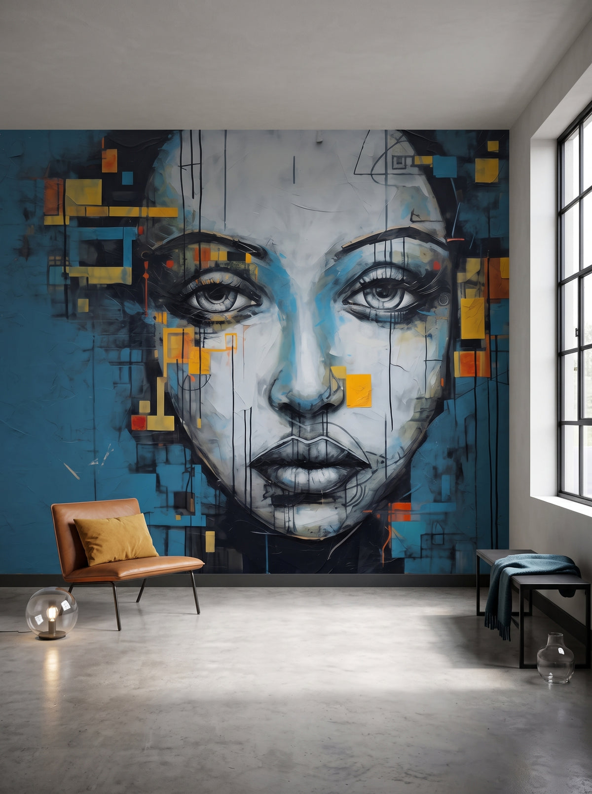 Fototapeta artystyczna o nazwie Urban Gaze w aranżacji wnętrza: salon w przerobionym loftcie przemysłowym.